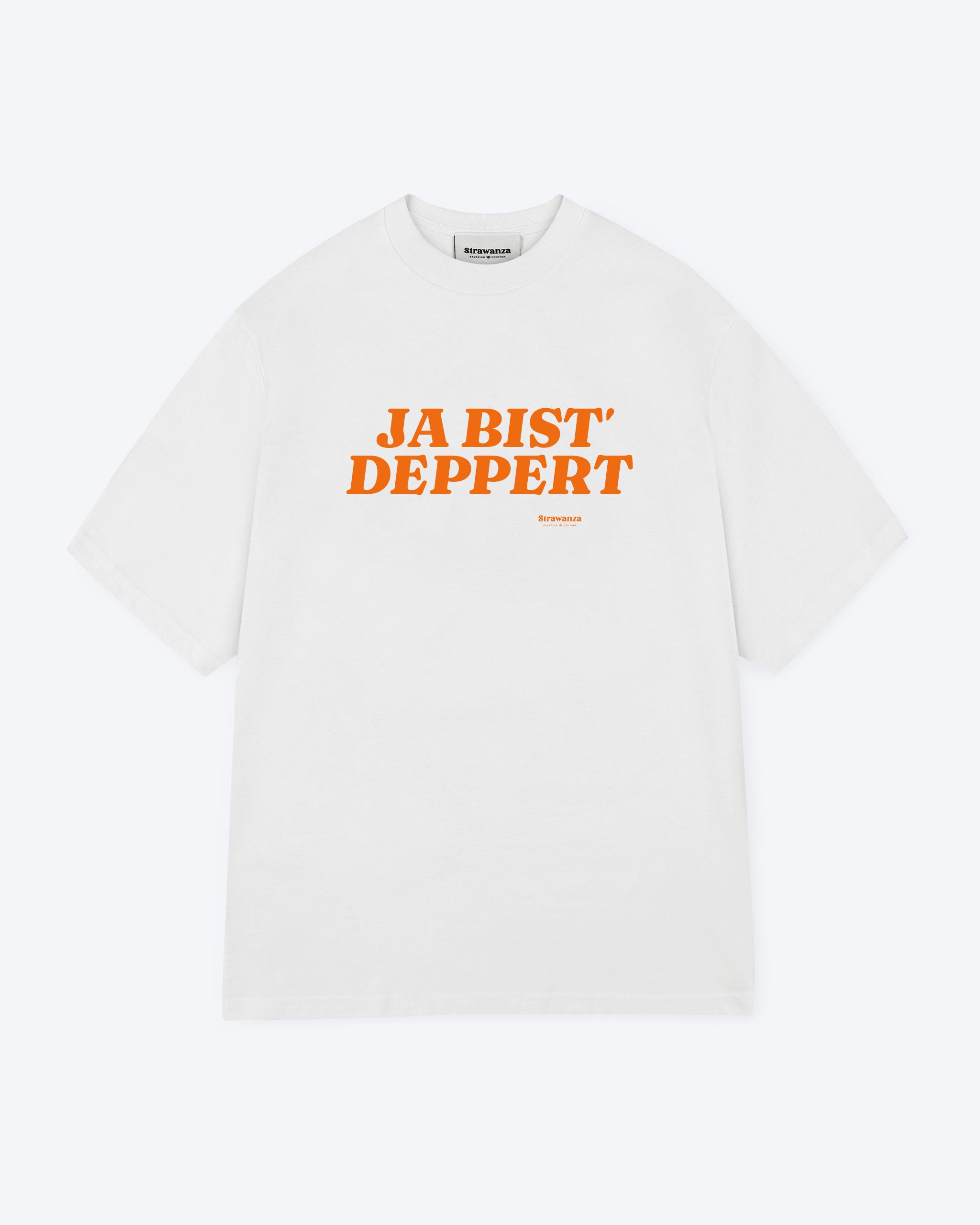 Ein weißes T-Shirt mit einem orangenen 