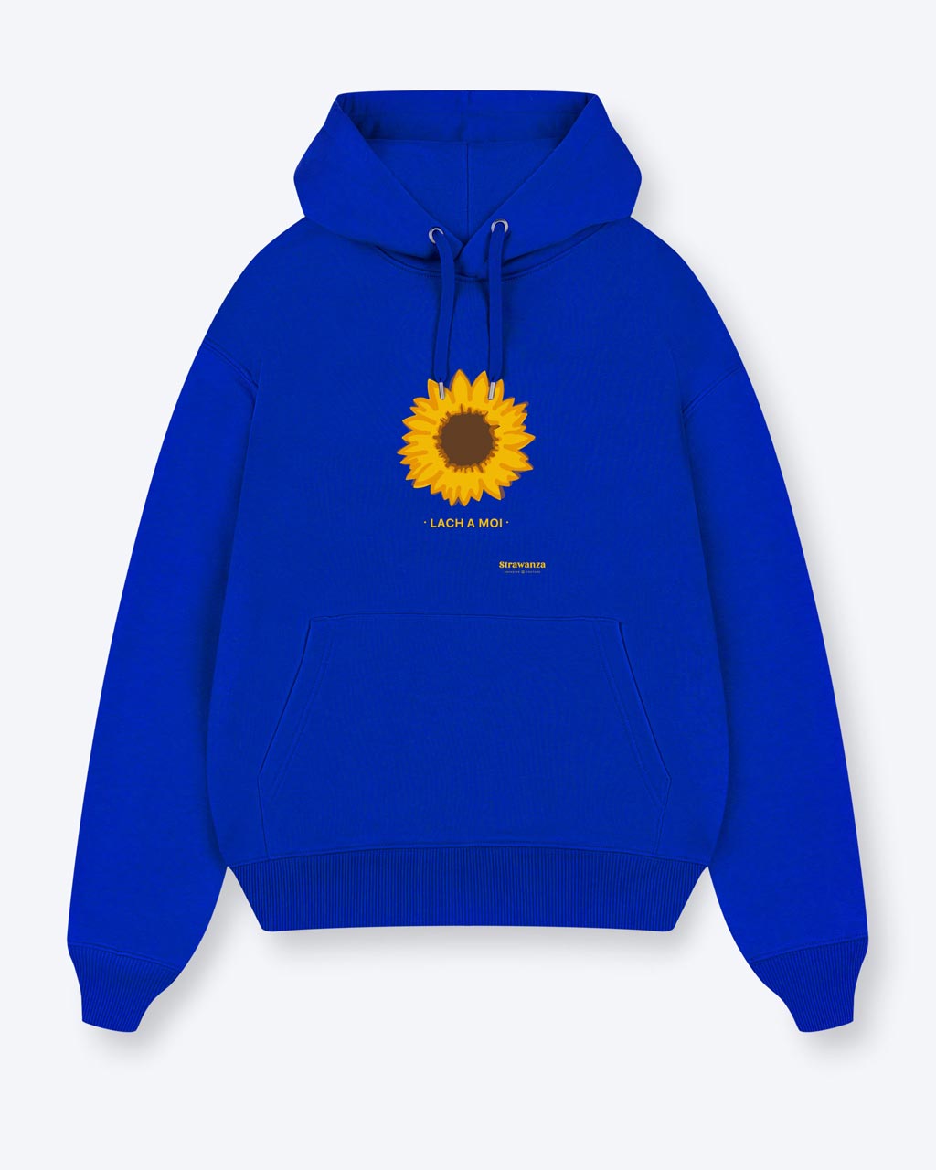 Ein blauer Hoodie mit einer Sonnenblume und einem gelben "LACH A MOI" Schriftzug auf der Brust. 