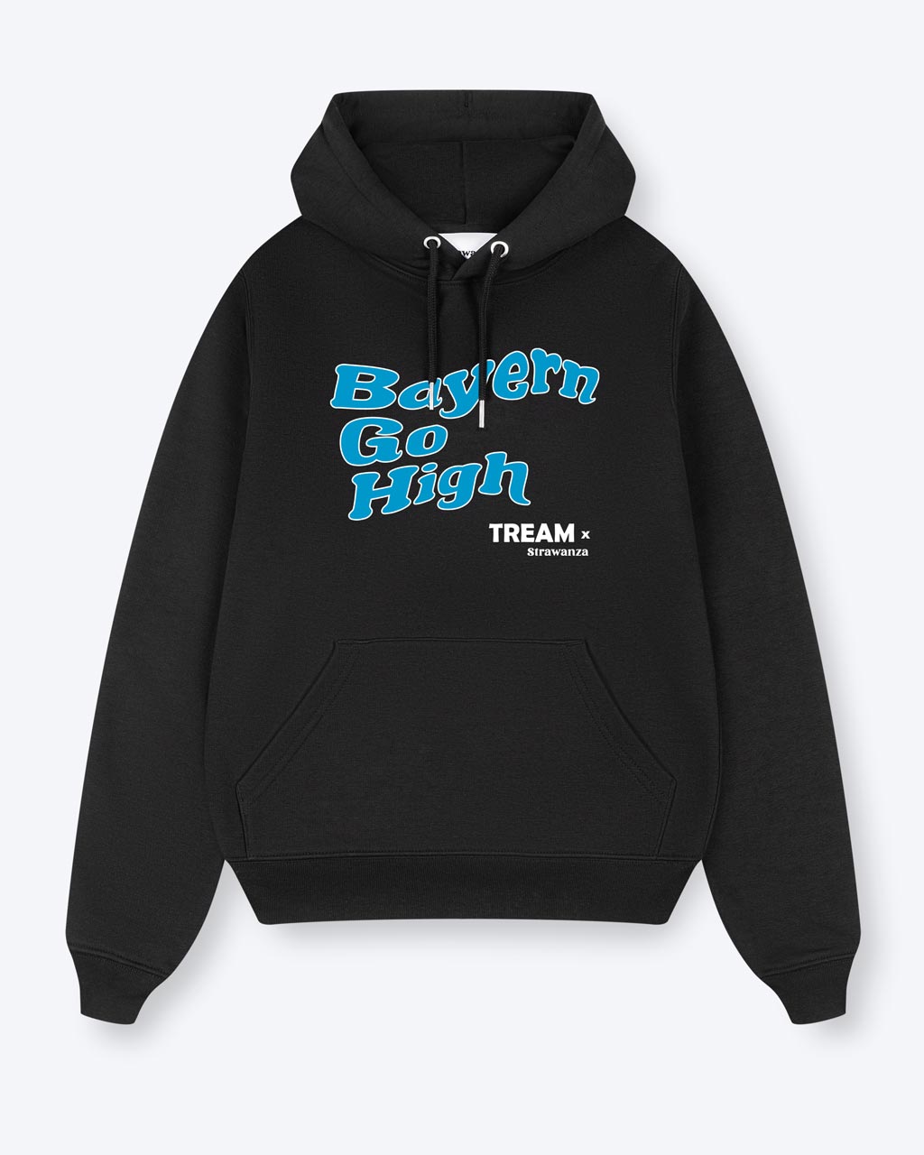Ein schwarzer Hoodie mit einem blauen "Bayern Go High" Schriftzug auf der Brust in Kooperation mit TREAM und Strawanza.