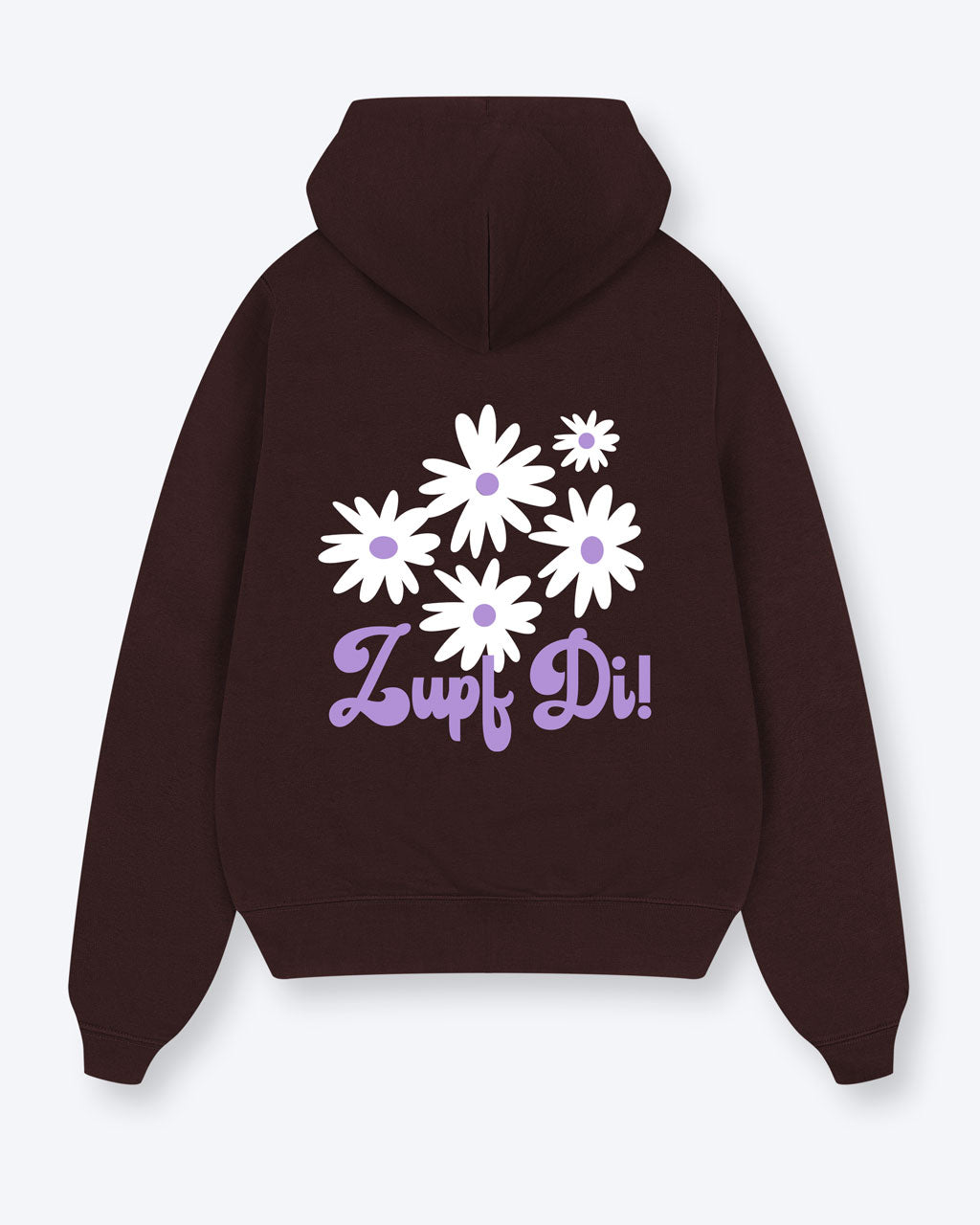 Ein braunroter Hoodie mit einem Backprint welcher aus weißen Blumen und einem lilanen "Zupf Di!" Schriftzug besteht.