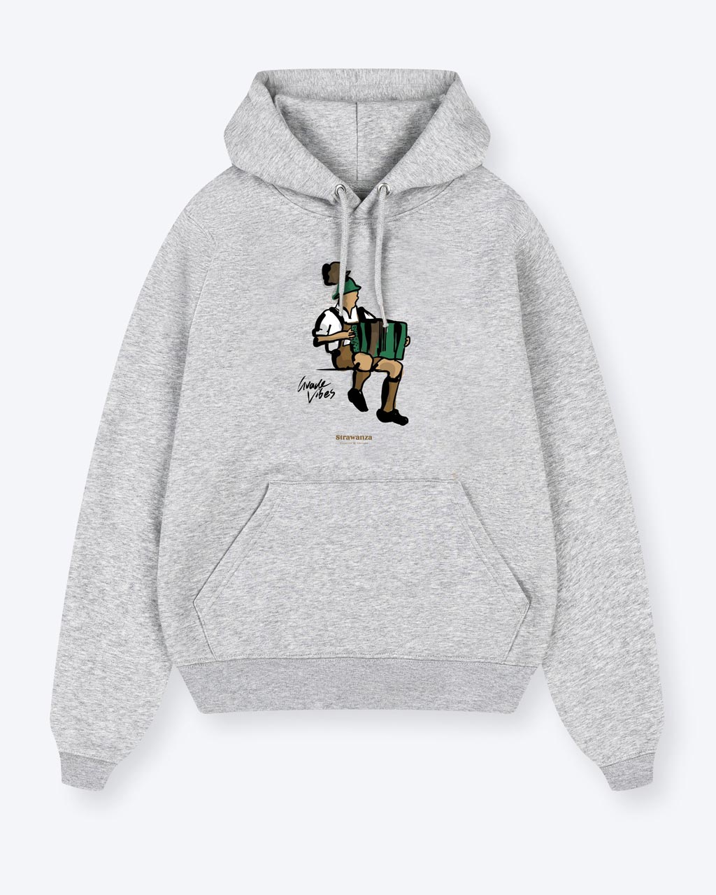 Ein grauer Hoodie mit einem Mann vorne als Motiv der ein Akkordeon spielt wo ebenfalls noch ein schwarzer "Guade Vibes" Schriftzug abgebildet ist.