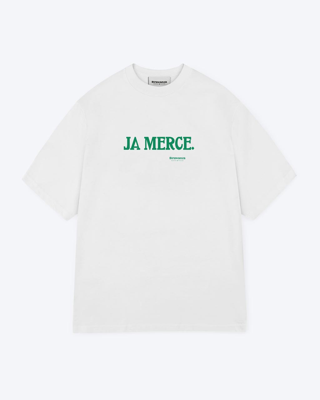 Ein weißes T-Shirt mit einem dunkelgrünen "JA MERCE" Schriftzug auf der Brust.