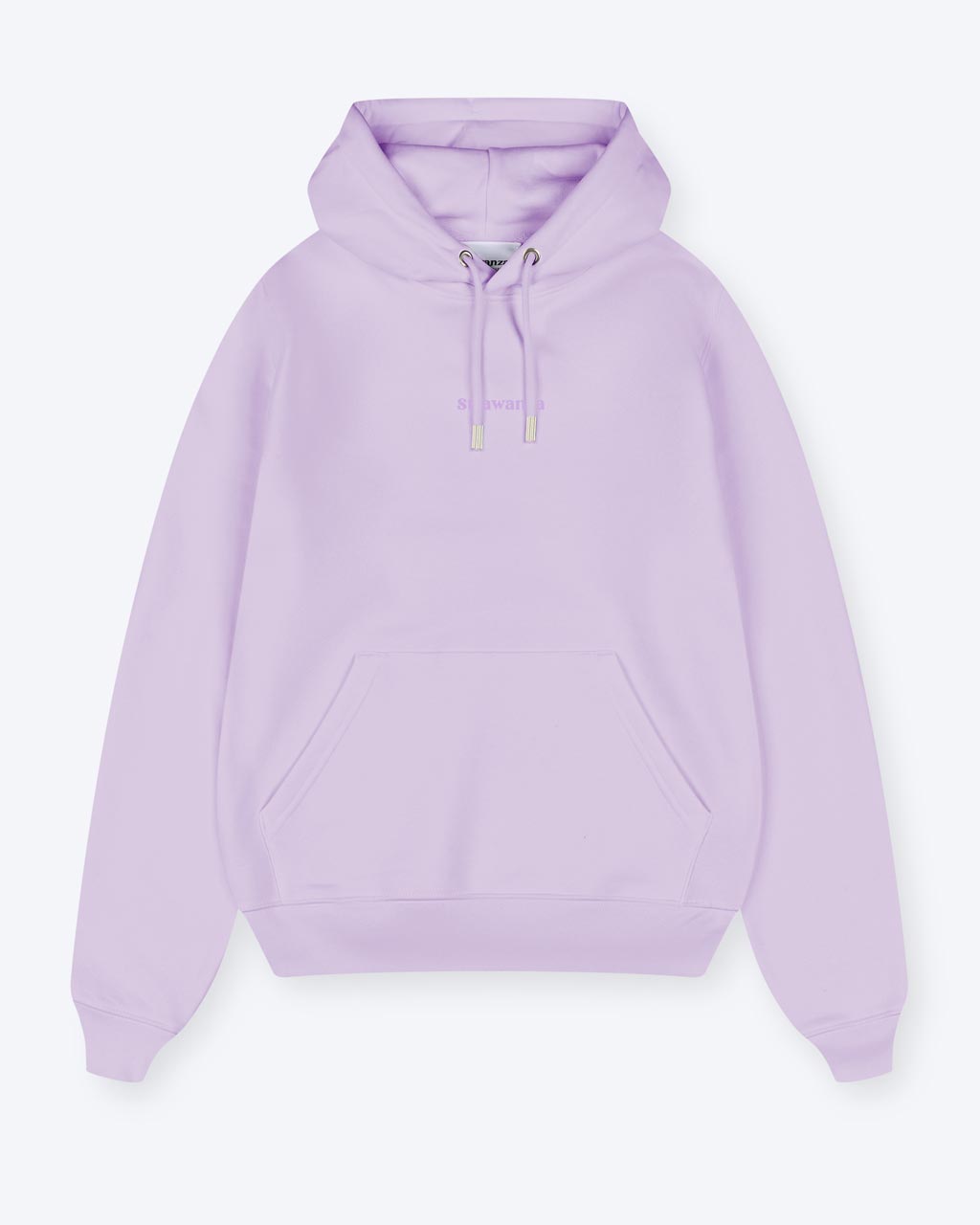 Ein Fliederfarbener Hoodie mit einem gesticktem "Strawanza" auf der Vorderseite auf der Höhe der Brust.