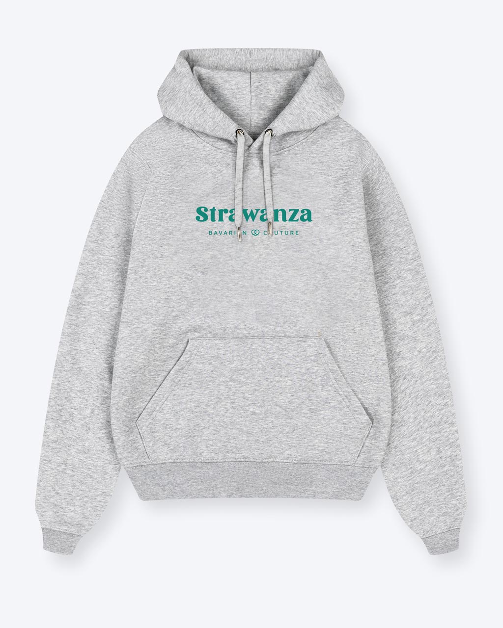 Ein grauer Hoodie mit zwei in Petrolgrün bedruckten Schriftzügen auf der Vorderseite.