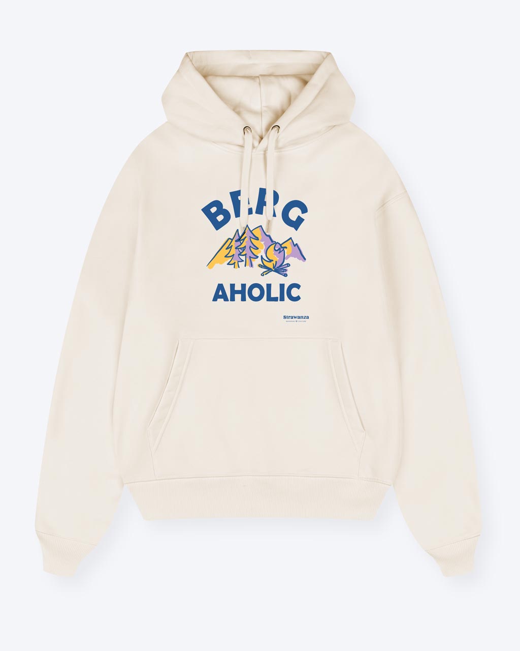 Ein Hoodie in der Farbe Natur mit einem Motiv vorne auf der Höhe der Brust, welches aus lila-orangenen Bergen, Bäumen und einem Lagerfeuer besteht und einem dunkelblauen "BERGAHOLIC" Schriftzug.