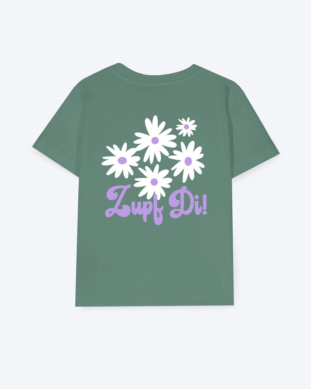 Ein grünes T-Shirt mit einem weißen Blumenmotiv und darunter steht in lila 