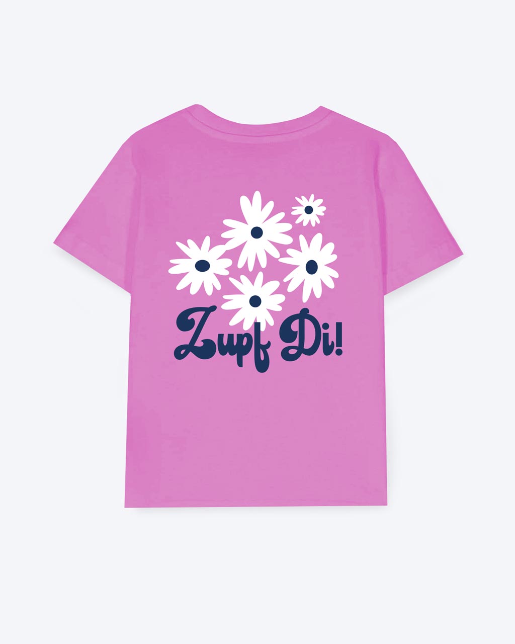 Pinkes T-Shirt mit einem weißem Blumenmotiv und einer dunkelblauen "Zupf Di!" Schrift als Backprint.