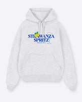 Ein cool hellgrauer Hoodie mit einem Motiv welches aus einer Zitrone, einem Sektglas und einem dunkelblauen "STRAWANZA SPRITZ" Schriftzug besteht.