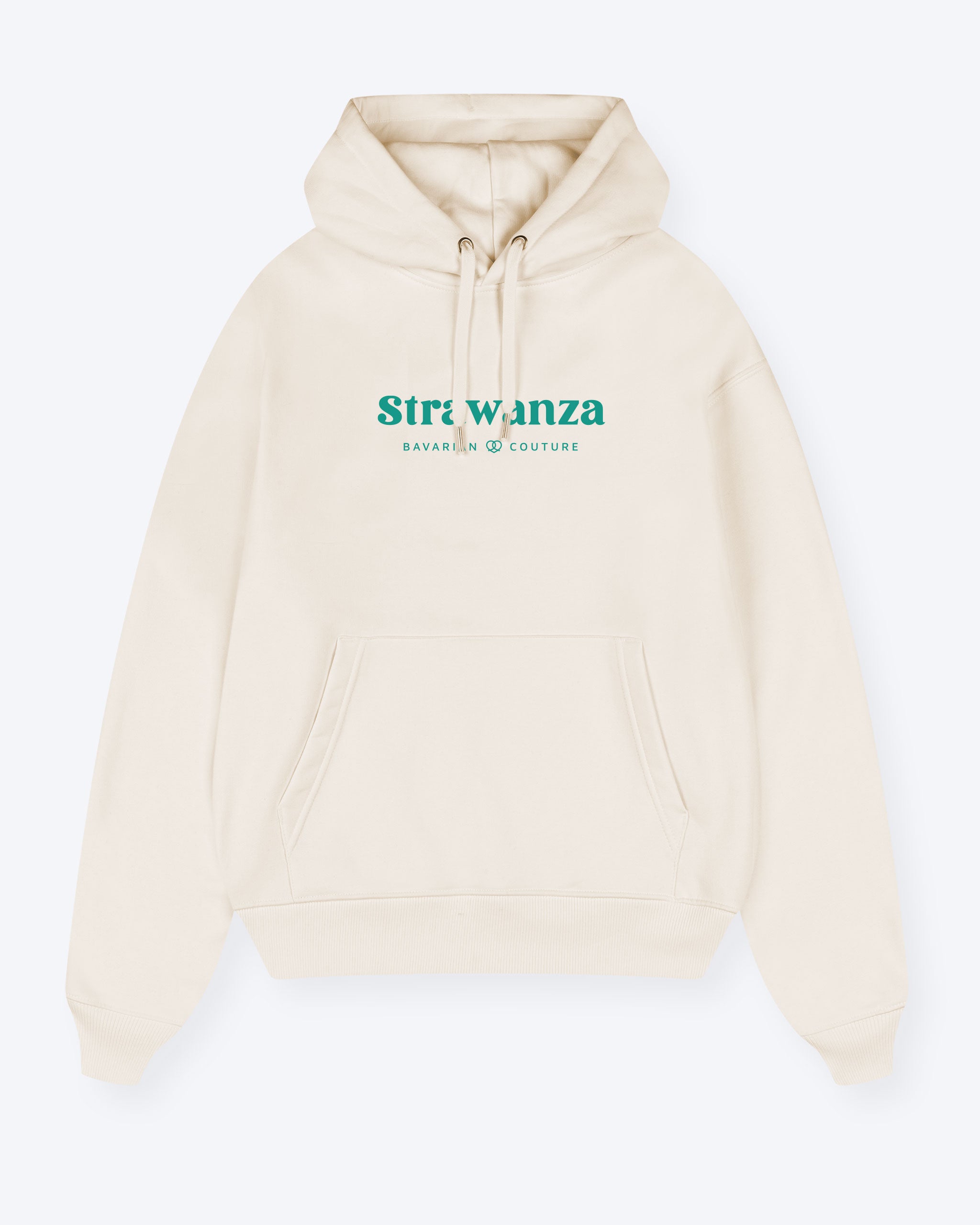 Ein Hoodie in der Farbe Natur welcher einen dunkelgrünen "Strawanza" Schriftzug auf der Brust als Motiv hat.