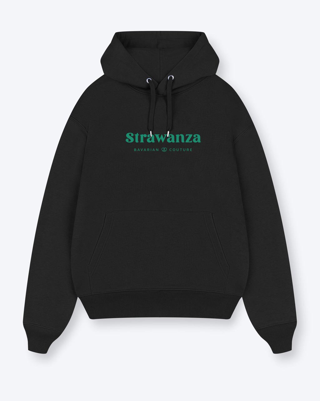 Ein schwarzer oversize Hoodie mit einem dunkelgrünen "Strawanza" Schriftzug auf der Höhe der Brust.