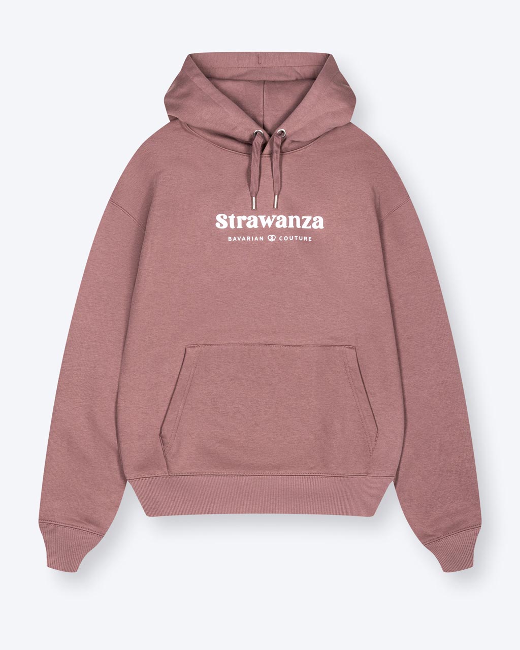 Ein rotbrauner Hoodie mit einem weißen "Strawanza" und "BAVARIAN COUTURE" Schriftzug auf der Brust.
