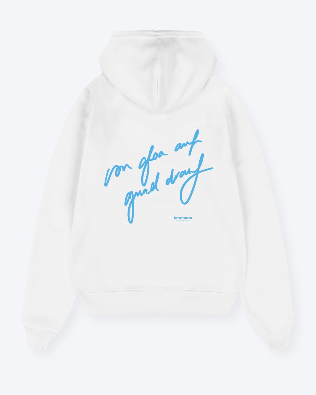 Ein vintage weißer Hoodie mit einem hellblauen "von gloa auf guad drauf" Schriftzug.