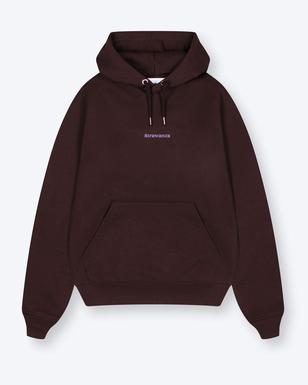 Ein braunroter Hoodie der auf der Vorderseite mit einem lilanen besticktem "Strawanza" Schriftzug, auf der Brust, versehen ist.