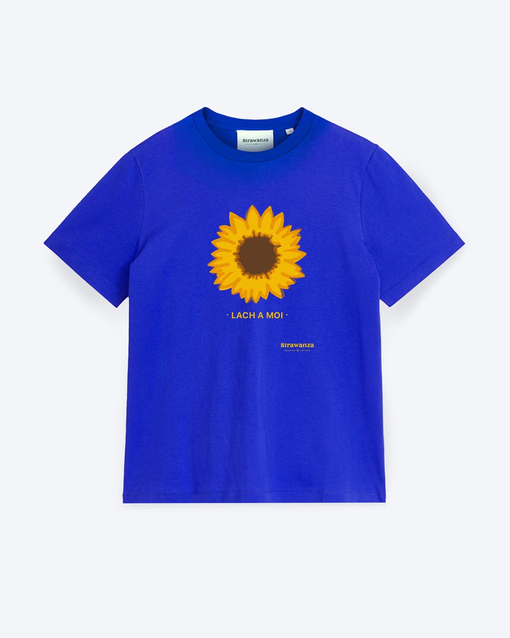 Ein blaues T-Shirt mit einer Sonnenblume als Motiv und darunter ein gelber 